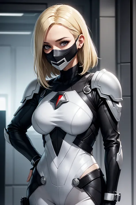 young woman,blonde, grey eyes, medium breasts, medium hips, Hero clothes,  Full mask, face covered by mask, white and Black, high, European traits, short neck length hair, Marvel.