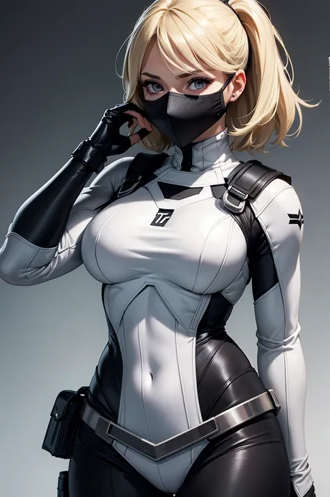 young woman,blonde, grey eyes, medium breasts, medium hips, Hero clothes,  Full mask, face covered by mask, white and Black, high, European traits, short neck length hair, Marvel.