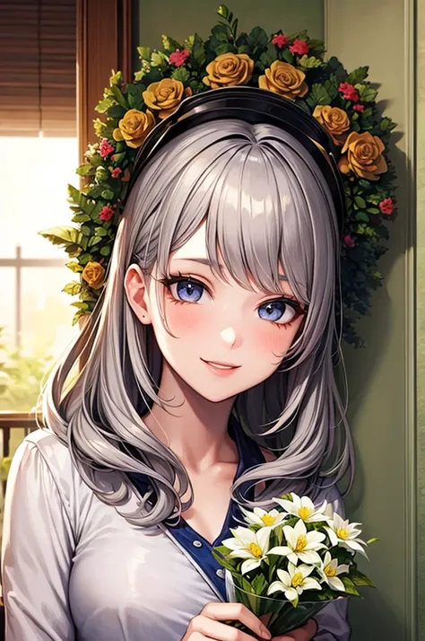 masterpiece, Highest quality, One girl, Gray Hair, smile, View your viewers, Adult, Fully mature, Holding flowers