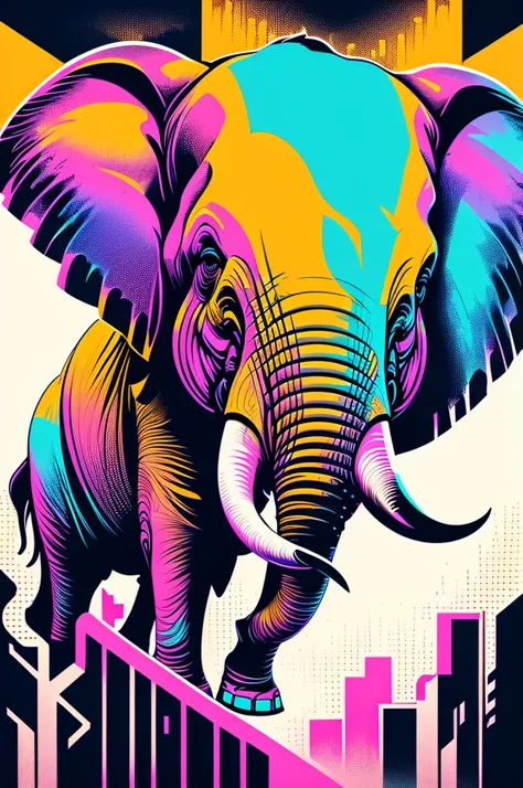 Ready to print vector t-shirt art colorful graffiti illustration of an elephant, futuristic cyberpunk city background, realistic image style, image on white background, centralized 