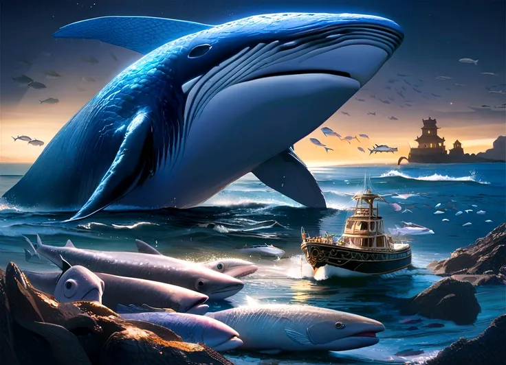 Ocean,fish,mystery,Whale,小fish,moonlight,Fantasy,Genuine,detailed,color,reality,High resolution,超detailed,Intricate details