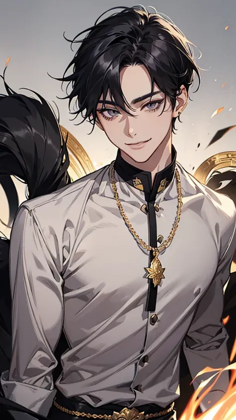 Asian face, young man, black wavy hair, thin eyebrows, slanted eyes, single eyelid, grey eyes, cat eyes, short eyelashes, masculine face, silver and gold shirt, lip piercing, silver chain necklace, upper body, smiling