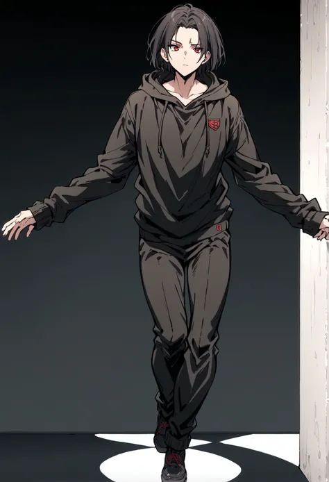 fullbody,masterpiece,standing,black hoodie,black black short hair,red eyes,adult,1boy,solo,white background,standing straight,fullbody,parted bangs