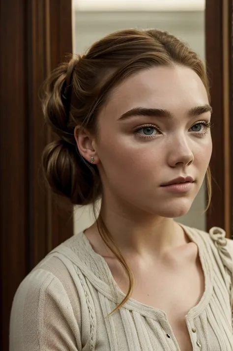 Portrait of Florence Pugh with hair up 