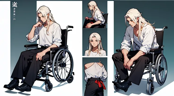 Character design sheet、boy、White shirt、Long hair to the shoulders、Sitting in a wheelchair