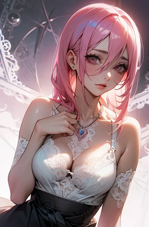 Cool women、sexy、Center of chest、Rize from Chainsaw Man、beauty、Yandere、、Face close-up、Kiss with your eyes closed、Chest tattoo、Race、necklace、Pink Hair、(sexy)、(Kiss the viewer)、(From the waist up)、(Mid-chest)、((White lace))