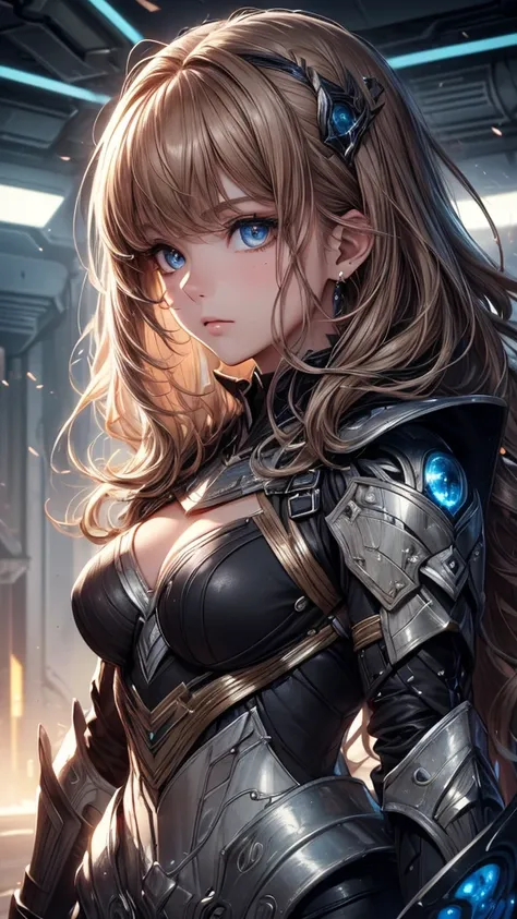 ((最high quality, 16K, masterpiece: 1.3)), (Very delicate and beautiful face), (Beautiful eyes in every detail),Big black eyes, aura, long wavy hair of light brown color,, Black and blue sci-fi armor, SF wind, high quality, atmosphere, war