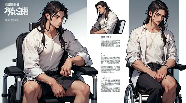 Character design sheet、boy、White shirt、Long hair to the shoulders、Sitting in a wheelchair、Delicate body、Facial details