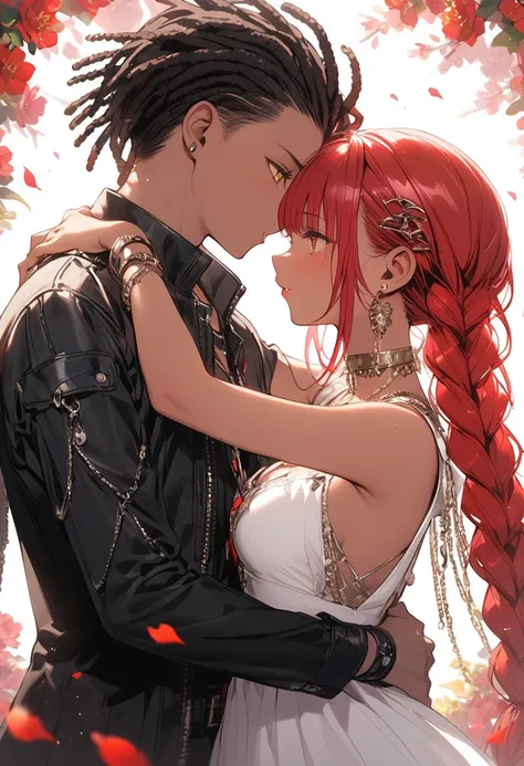  love between couples. 1girl, tan skin, short red hair, freckles, ((yellow eyes)) charming. ((Stylish edgy outfit)), 1boy, {dark-skinned and haired: 1,5}, ((Dreadlocks curtos)), has expressive red eyes. ((Stylish, edgy outfit)), Set in a garden, the scene ...