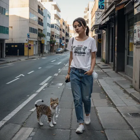 A kitten with a small plastic bag ran along the deserted street