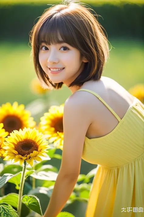 Image quality:best quality
Camera Focus: blur background
light:Side light
composition:Composition of thirds、Sideways orientation and eye view of the camera
person:20 years old woman,Japanese,actress
pose: looking at viewer
background: sunflower、Daytime hai...