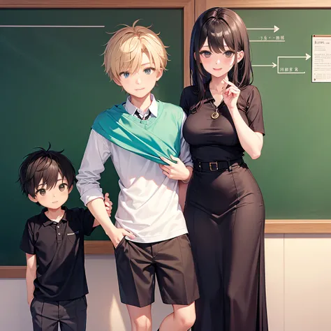 Highest quality,Highest quality,A female elementary school teacher in her 20s and a 6-year-old boy、Tight long skirt、The teacher hugs the boy from behind.、Put your hand in your crotch