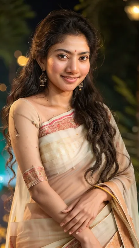 ultrarealistic hires close up photo of a 30-year-old sapa woman, outdoors, realistic skin texture, looking looking at camera, (Chiffon_saree_blouse:1.2), tied up hair, night time, smiling, beautiful bokeh background  