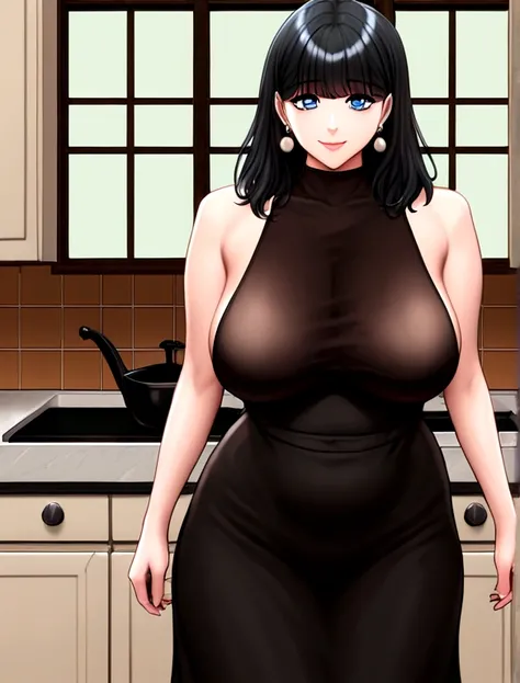 ((realistic)), (masterpiece, best quality),hot (milf), woman standing in kitchen, Korean style long skirt autum dress, Autumn Dress Korean Version Long Skirt Gentle Sexy Tight Wrap Hip Mermaid, wide hips,wearing black apron, large breasts,saggy breasts, (s...