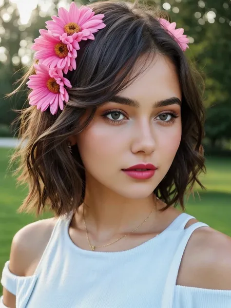 1 girl, influencer, name sophia, teen, edad16, Alone, (((HAIR SHORT))) ultra realistic, looking at the viewer, rubio, bare shoulders, with a flower in her hair ((Honey eyes)), gafas, whole body, jacket black, sweater, dress, wiki, off the shoulders, park, ...