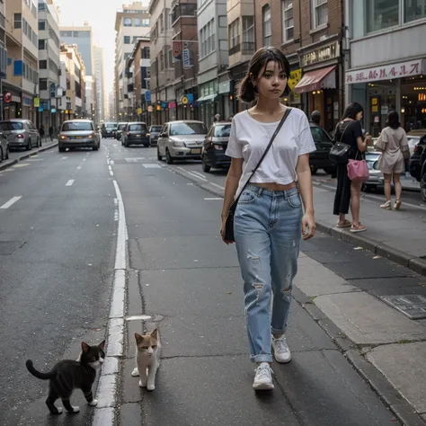 A baby cat walked along the street with a plastic bag