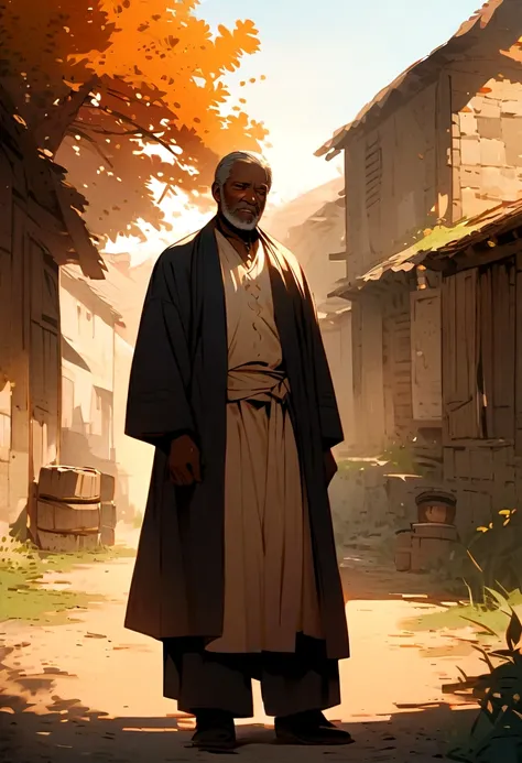 Wise old black man dressed in white, handsome man, Tell a story in a poor village