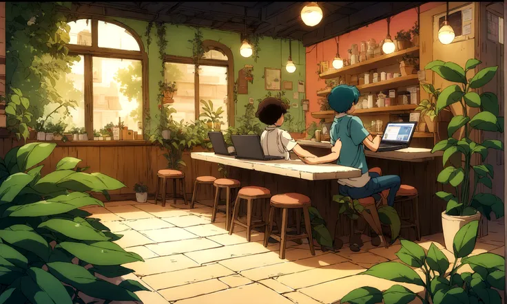 There is a room with many plants and a laptop, cozy Coffee Shop background, cafes, Anime background art, Relaxation concept art, commend artstyle, Lo-Fi illustration style, commend art, Coffee Shop interior, Relaxed atmosphere, Comfortable and pleasant atm...