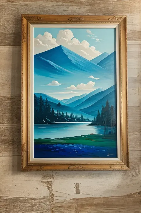 Blue wall with landscape painting with wooden frame 