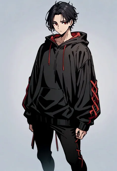 fullbody,masterpiece,standing,black hoodie,black black short hair,red eyes,adult,1boy,solo,white background,standing straight,fullbody,parted bangs