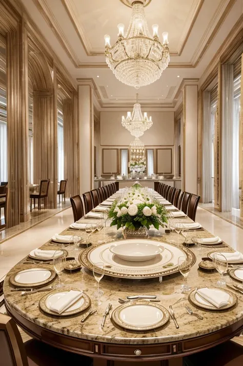 A high-quality, wide-angle photo of an elegant hotel kitchen or dining setup featuring a variety of premium utensils. The image should evoke a sense of luxury and professionalism. This could be a neatly arranged table with gleaming cutlery, stylish serving...