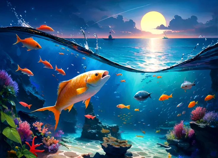 colorful、　Ocean,fish,mystery,,小fish,moonlight,Fantasy,Genuine,detailed,color,reality,High resolution,超detailed,