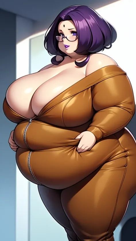 Anime Women, Adult female、Detailed face、amount、amount、Forehead、Afro、Short Hair、Curly hair、Glasses、Sharp eyes、Thick lips、Purple Lipstick、Painted lips、Very fat、Chubby、obesity、obesity体、Double chin、cheek、Thick neck、Big Breasts、Saggy breasts、Thick upper arms、Th...