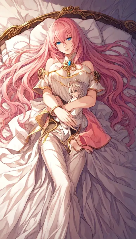 Official Art:1.5,１Man Beautiful Adult Woman:1.5,Vocaloid Megurine Luka:2.0,Pink long hair,blue eyes,Big Breasts,lure:2.0,bed, 