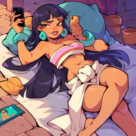 score_9_presence, score_8_up, chel, el dorado, wrapped in towel, medium breasts, holding phone