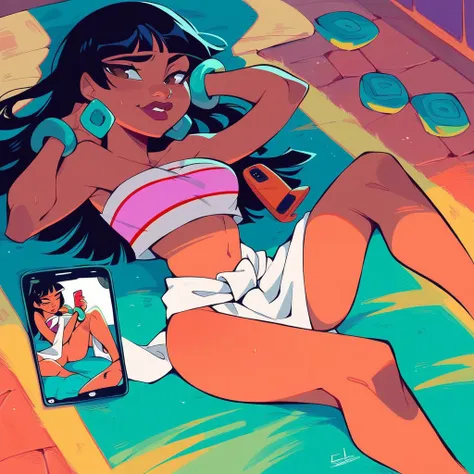 score_9_presence, score_8_up, chel, el dorado, wrapped in towel, medium breasts, holding phone