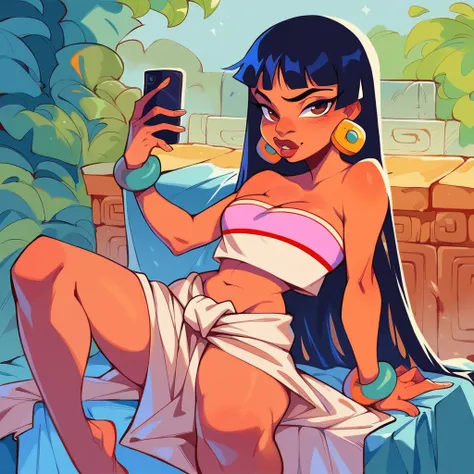 score_9_presence, score_8_up, chel, el dorado, wrapped in towel, medium breasts, holding phone