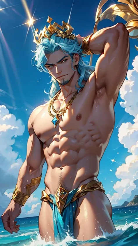 Poseidon is tall，Muscle strength，Skin like finely carved bronze，Exudes a golden glow。 He has a jewel-encrusted crown on his head.，The gemstone sparkles with a sea-blue light，Symbolizes his dominance over the ocean。 Poseidon&#39;s thick hair and beard are l...