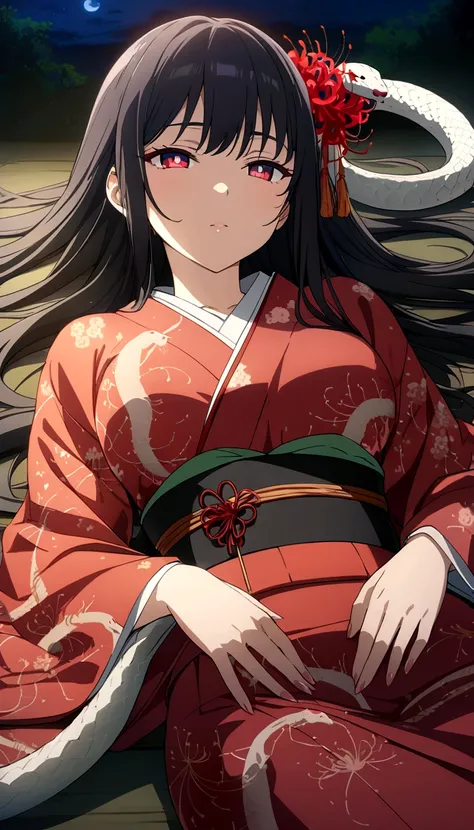 One woman, masterpiece, best quality, beautiful woman, black hair, long hair, hair accessory, red pupils, kimono, snake, red spider lily, night, lying on ones back, anime