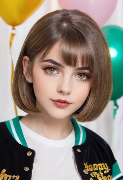 Beautiful 16-year-old girl, named Sofia, beautiful golden eyes, detailed eyes, MID-HEIGHT bob  haircut, mermeland lips, sexy, detailed face, university jacket, in the background happy birthday.