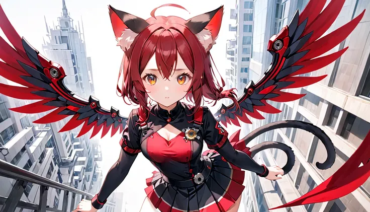 A cat-eared girl with modest chest, with mesmerizing eyes, wearing a black and red uniform-like outfit with a skirt, featuring mechanical wings.
