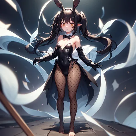 ((Bunny girl)),Dropped ears,(Fishnet tights),(barefoot),Cute little ,Tiny ,Small girl,,Childish face, Very fine clean face,Top quality,Black Hair,(Dark Room), Subtle light, Natural light,Soft lighting,Light from directly behind, (Are standing),With bust up...