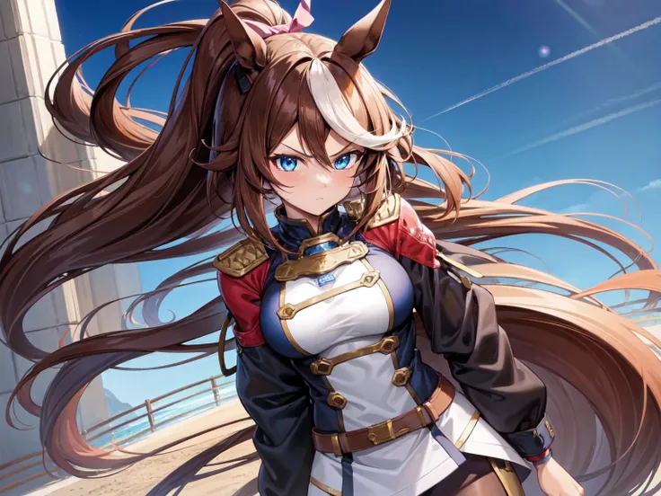 1girl,Tokai Teio, horse ears, brown hair, long hair, high ponytail, streaked hair, multicolored hair, blue eyes, big breast, mecha musume, mechanical wing, serious face,