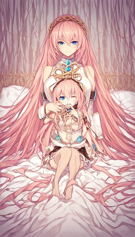 official art:1.5,１man beautiful adult woman,vocaloid megurine luka:2.0,pink long hair,blue eyes,big breasts,lure:2.0,bed,