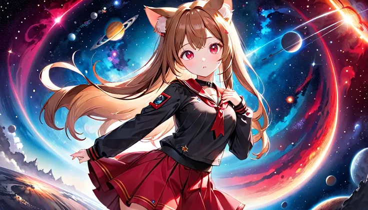 A cat-eared girl with modest chest, with mesmerizing eyes, dressed in a black and red uniform-like outfit with a skirt, in a cosmic background.
