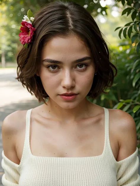 1 girl, influencer, name sophia, teen, edad16, Alone, (((HAIR SHORT))) ultra realistic, looking at the viewer, rubio, bare shoulders, with a flower in her hair ((Honey eyes)), gafas, whole body, jacket black, sweater, dress, wiki, off the shoulders, park, ...