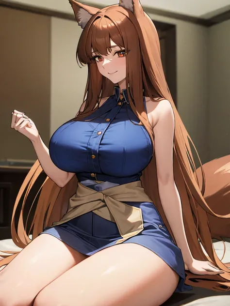 masterpiece, highest quality:1.2), holo, alone,Are standing_Split, (Sitting pose), Long Hair, Brown Hair, Dog ears, smile, (Big huge massive larger Breasts:1.2), White Lingerie，blue denim mini skirt, A bushy tail grows from its waist.,