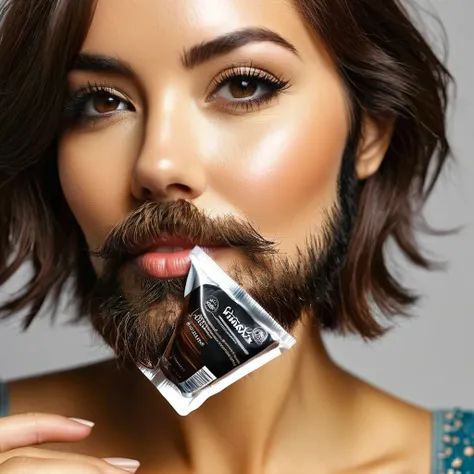 
bearded woman, cheek hair, neck hair, shaggy, brown hair, hold a pack of minoxidil beard