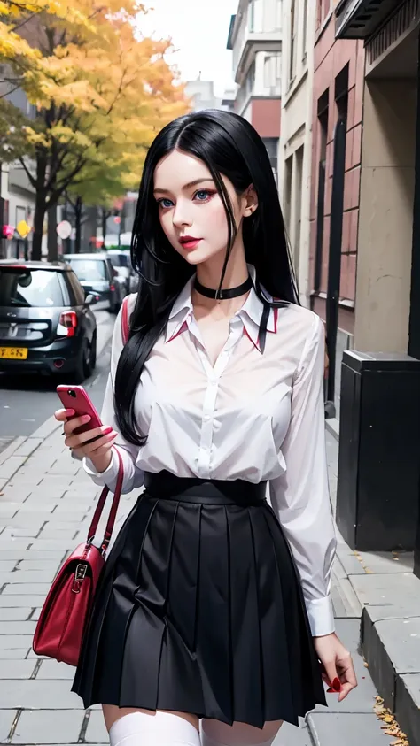 long black hair is pulled up piercing blue eyes  dark pink lipstick she is wearing a red black and white paid pleated mini skirt...