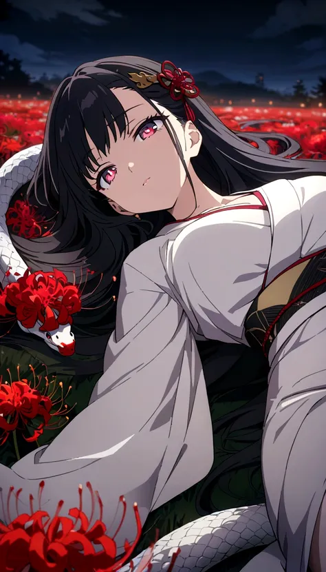 One woman, masterpiece, best quality, beautiful woman, black hair, long hair, hair accessory, red pupils, kimono, snake, red spider lily, night, lying on ones back, anime