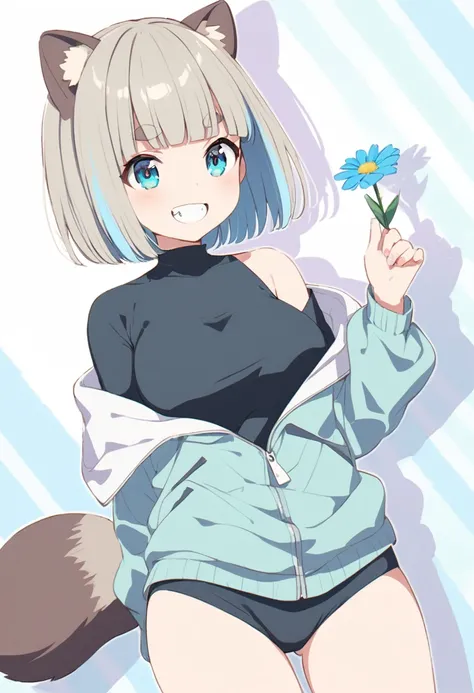 anime,(pale colors:1.8),long shot, 1girl, (on right:1.3), solo, cat mouth, dynamic angle, holding flower, pointing up, grin, smile, fang,  blue hair, bobcut, straight hair, racoon ears, racoon tail, (brown streaked hair:1.3), (blunt bangs) ,thick eyebrows,...