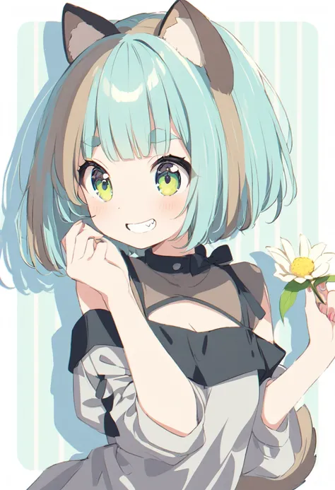 anime,(pale colors:1.8),long shot, 1girl, (on right:1.3), solo, cat mouth, dynamic angle, holding flower, pointing up, grin, smile, fang,  blue hair, bobcut, straight hair, racoon ears, racoon tail, (brown streaked hair:1.3), (blunt bangs) ,thick eyebrows,...