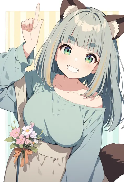 anime,(pale colors:1.8),long shot, 1girl, (on right:1.3), solo, cat mouth, dynamic angle, holding flower, pointing up, grin, smile, fang,  blue hair, bobcut, straight hair, racoon ears, racoon tail, (brown streaked hair:1.3), (blunt bangs) ,thick eyebrows,...