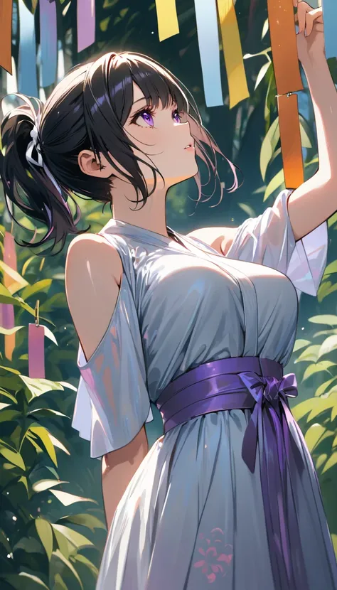 (masterpiece)、(absurdres)、(ultra detailed)、solo lady、shiny black hair、shiny purple eyes、short highponytail
、1white ribbon:1.1、middle breast:0.8、side view,Tanabata Festival、looking up:1.2,looking away:1.2,