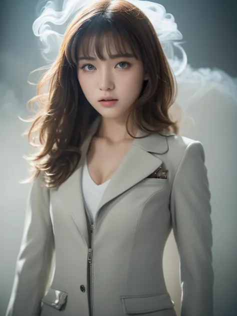 the Extremely Detailed CG Unity 8K Wallpapers、top-quality、Ultra-detail、​masterpiece、studio shoot、close up of face、(White and light gray multicolor leather combat suit), realisitic、Photo Real、extremely detailed cute girl、solo、18year old、japaneelancholy look...