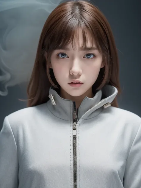 the Extremely Detailed CG Unity 8K Wallpapers、top-quality、Ultra-detail、​masterpiece、studio shoot、close up of face、(White and light gray multicolor leather combat suit), realisitic、Photo Real、extremely detailed cute girl、solo、18year old、japaneelancholy look...